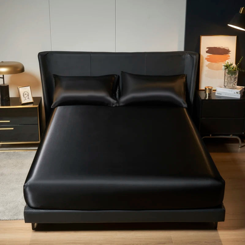 Kuup 100%Polyester 3pcs satin surface Bedding Fitted Sheet and pillowcases Set Elastic Band Around Mattress Cover King Bed Cover