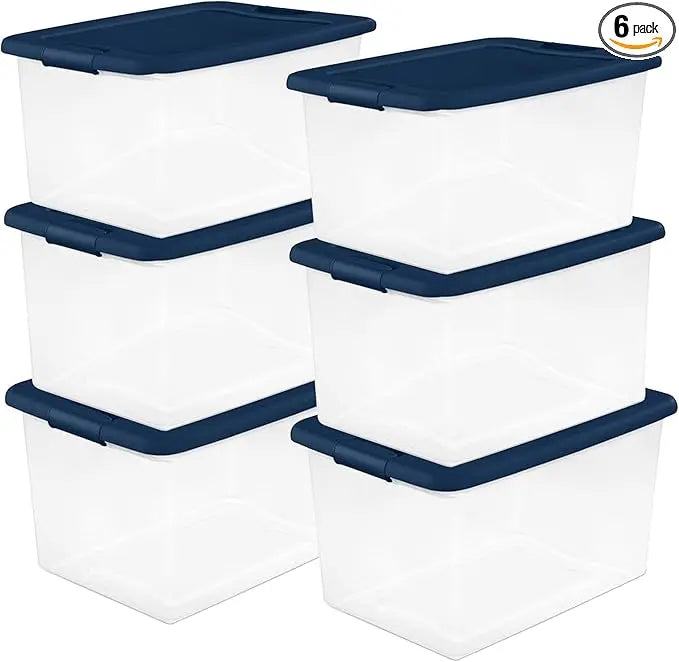 6-Pack Color Program, Large Clear Plastic Storage Bins with Lids, 64 Quart, Blue - Stackable Organizing Container Boxes for Clo