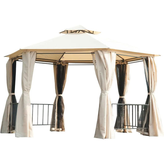 13' x 13' Patio Gazebo, Double Roof Hexagon Outdoor Gazebo Canopy Shelter with Netting & Curtains, Solid Steel Frame for Garden