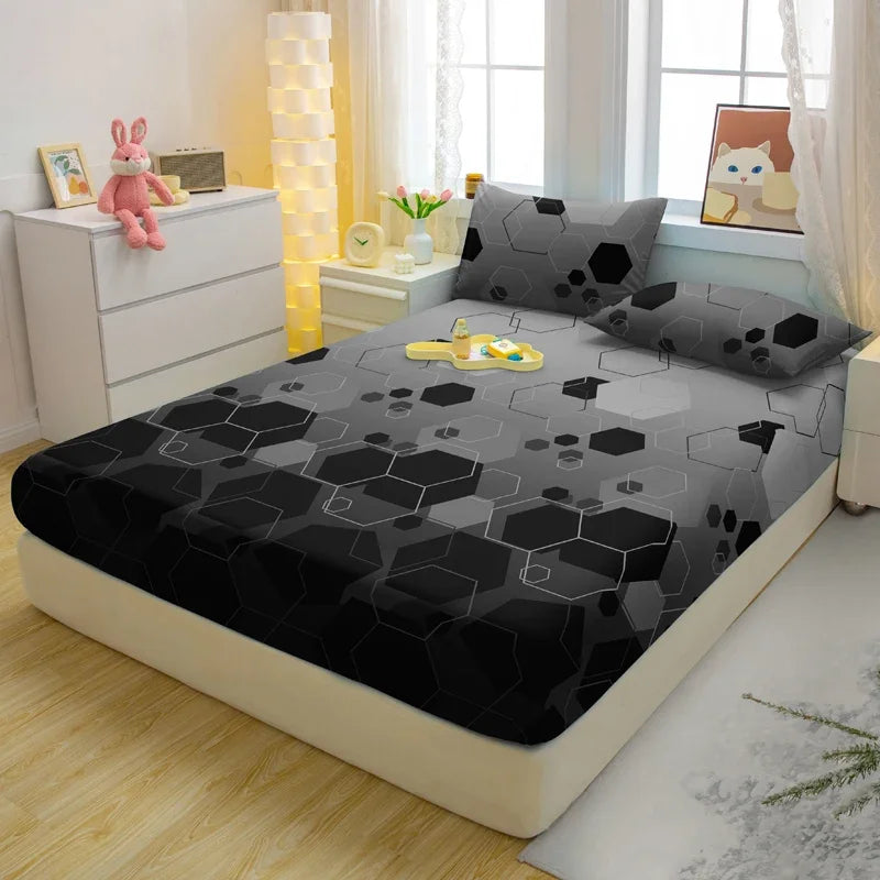 3-piece simple modern geometry pattern matte three piece fitted sheet set, bedroom printed bed cover set, bedding