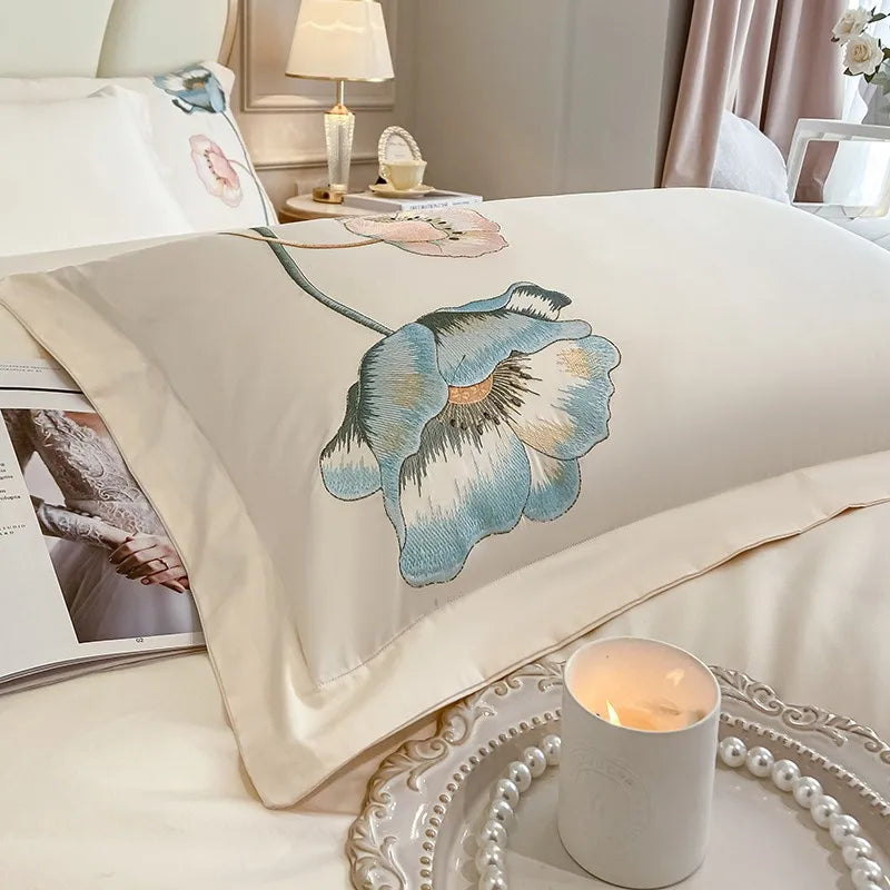 Chic Embroidery Blooming Beige Duvet Cover set 100%Cotton Soft Comfy Beddng set Bed Sheet Pillowcases Double Queen King 4Pcs
