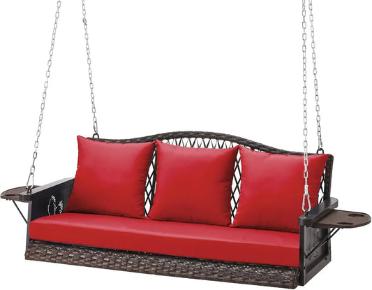 Upgraded Wicker Hanging Porch Swing Heavy Duty 900 LBS 3-Seat Outdoor Patio Swing Chair Bench for Adult w/ 8.9ft Hanging