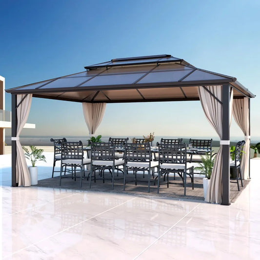 12'x16' Gazebo Polycarbonate Double Roof Pavilion Gazebo Outdoor Aluminum Frame Canopy with Netting and Curtains for Garden Pat