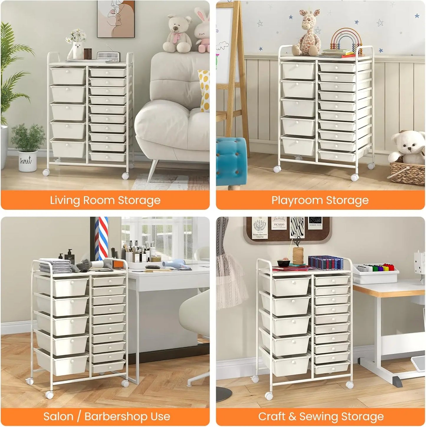 15 Drawers Rolling Cart, Classroom Organizers, Storage Cart with Wheels, for Teacher Office Home School Supplies Tool Craft Art