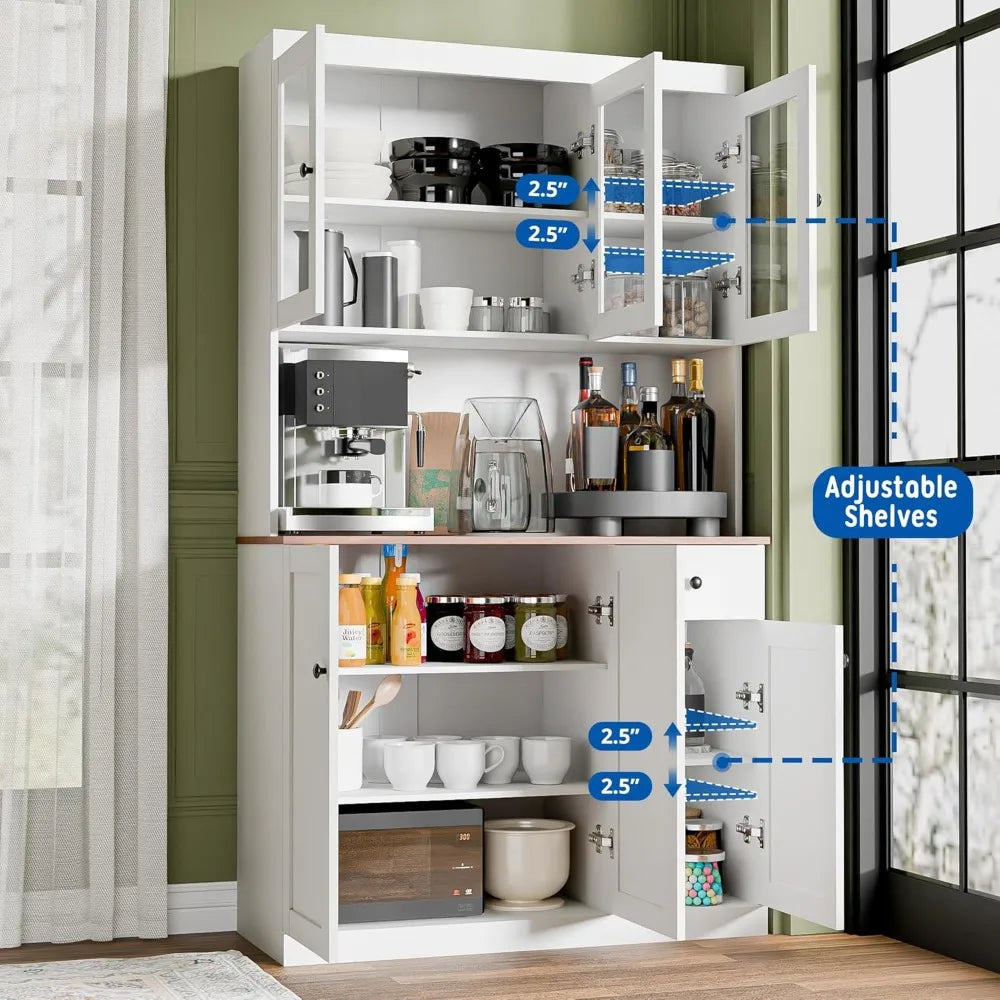 Tall Kitchen Pantry Cabinet with Microwave Shelf, Modern Large Freestanding Sideboard Cupboard Kitchen Hutch Cabinet