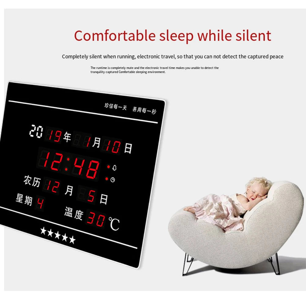 LED Perpetual Calendar Electronic Clock Digital Wall Clock Alarm Hourly Chiming Temperature Table Clocks Living Room Decoration