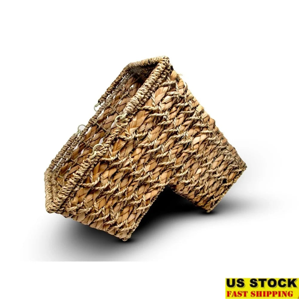 Braided Rope Storage Basket Stairs Seagrass Hyacinth with Handles Organizing Solution Reduces Clutter Fits Standard Width Stairs