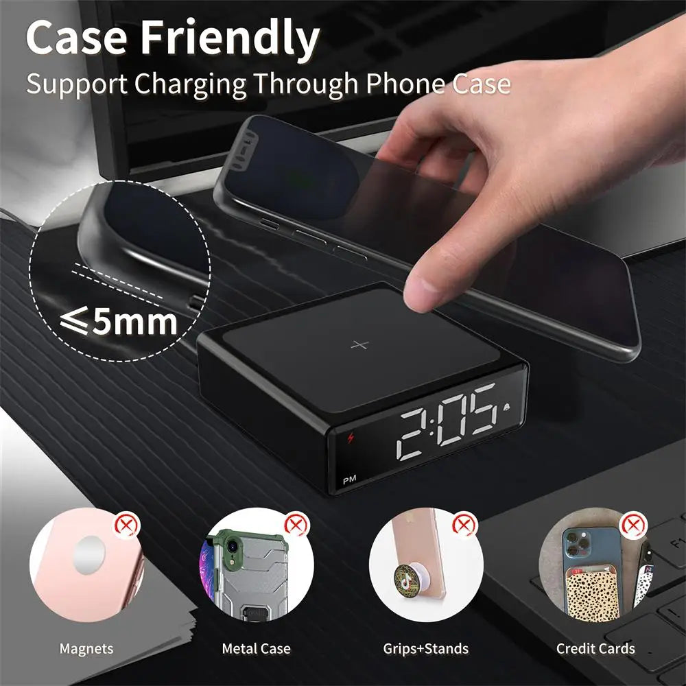 2025 Wireless Chargers Alarm Clock Fashion Bedroom Desktop Time Alarm Clock LED Digital Alarm Clock Phone Fast Charging Clock