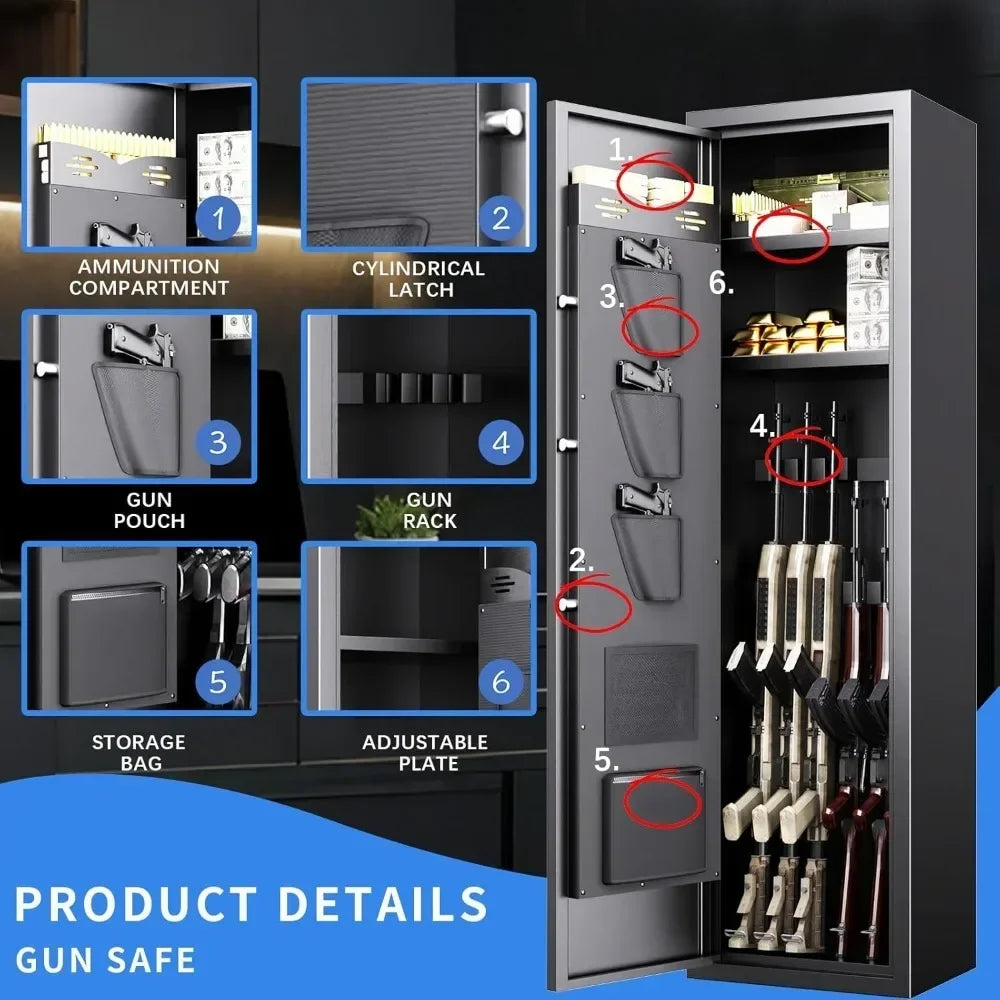 Black Steel Gun Safe with Quick Access Biometric & Key Lock Alarm Adjustable Shelves Gun Racks for 5 Rifles And 3 Pistols