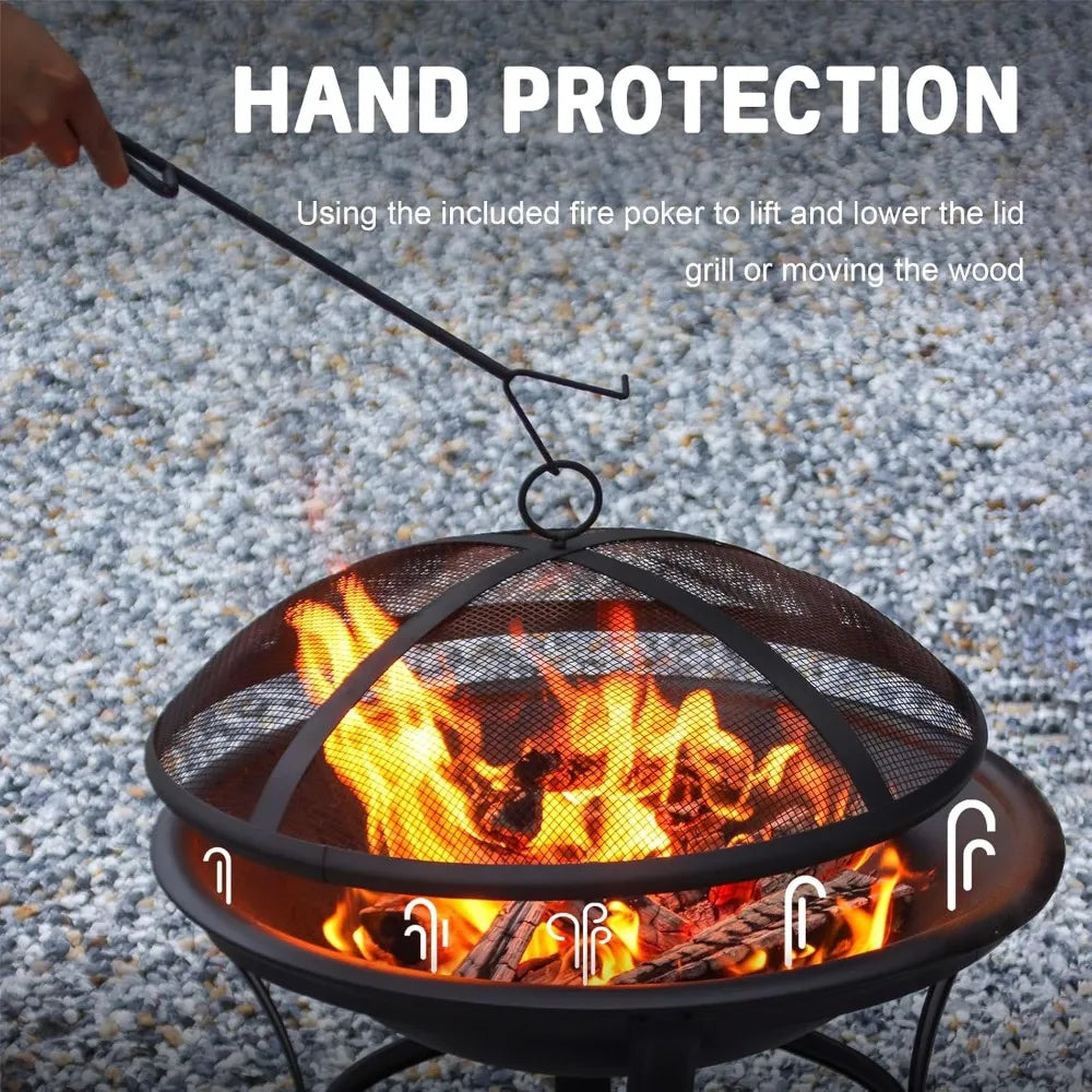 22 in Firepit for Outside Outdoor Small Fire Pit,Durable Firepit with Mesh Lid,Log Grate,and Fire Poker,Fire Pit for Outside Bac
