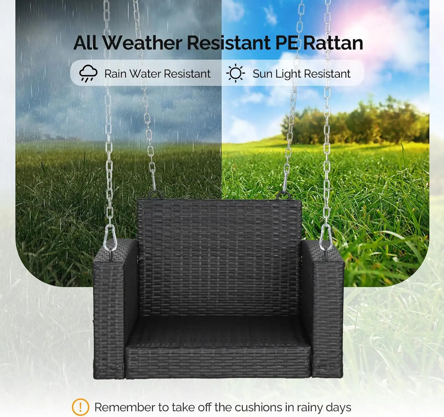 2.2 FT 1-Person Use Rattan Porch Swing Outdoor Support 440 LBS with Cushions&Adjustable Chains, Patio Wicker Swing Bench Chair