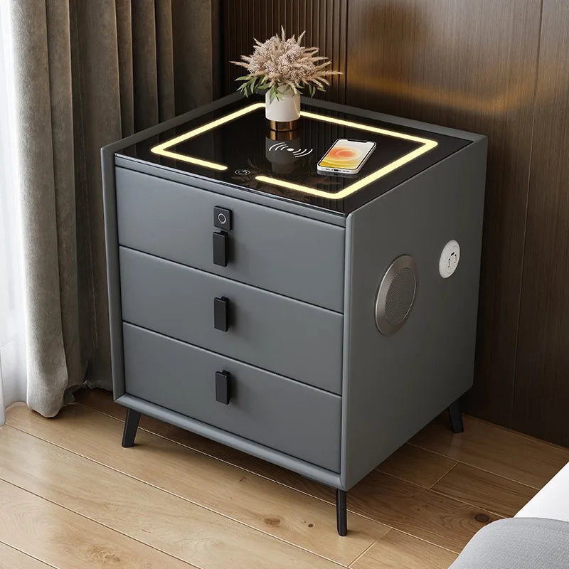 Luxurious Solid Wood Nightstand Three-Drawer Smart Bedside Table Compact Bedroom Leather Accents Integrated Wireless Charging