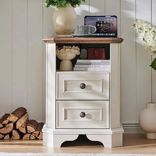 Farmhouse Nightstand with Charging Station, 18" End Table,Wood Side Table, Bedside Cabinet, Living Room (Light Rustic Oak)