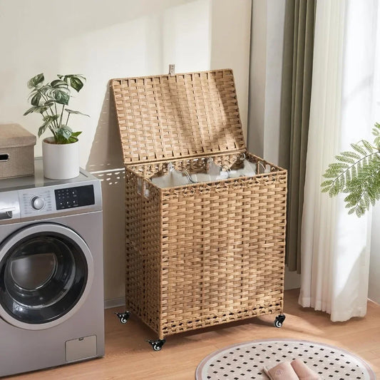 Laundry Hamper with Wheels&Lid, 50.2 Gallons(190L) Rolling Laundry Basket with Wheels, 3-Section Laundry Hamper
