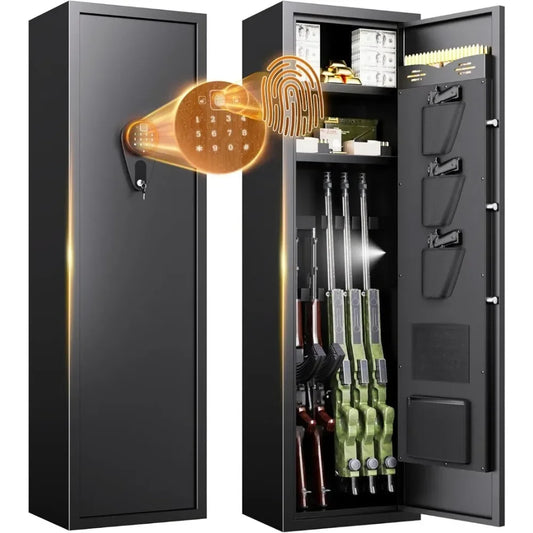 Black Steel Gun Safe with Quick Access Biometric & Key Lock Alarm Adjustable Shelves Gun Racks for 5 Rifles And 3 Pistols