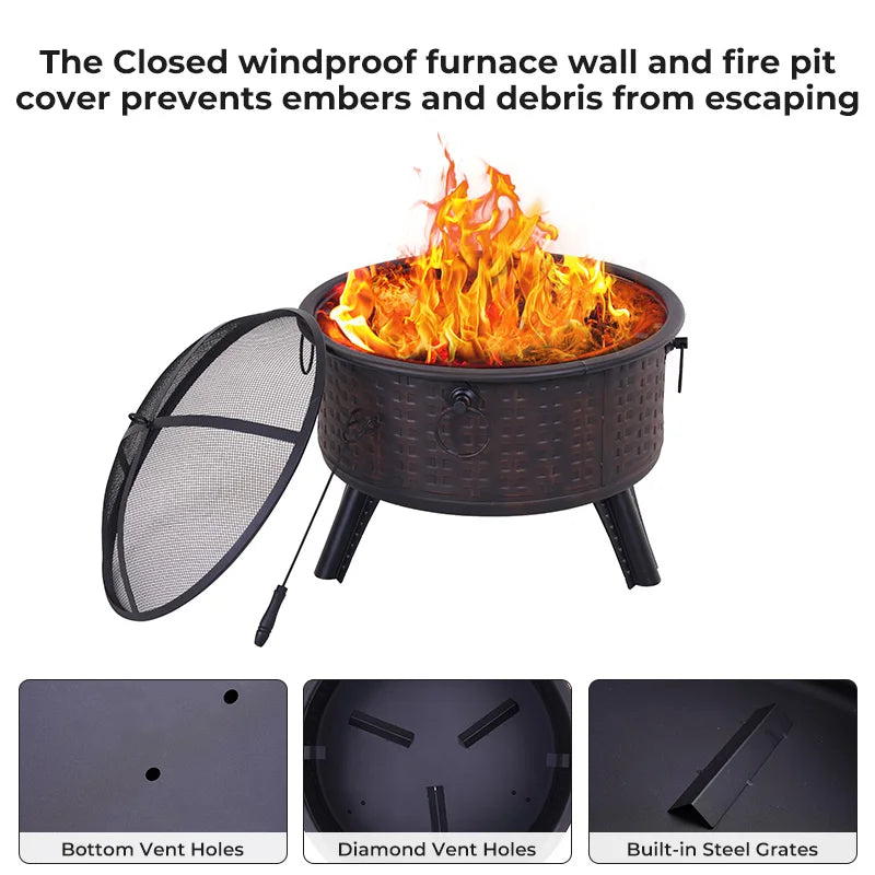 26 Inch Fire Pits for Outside Wood Burning Firepit with Fire Pit Poker and Cover for Backyard,Garden,Camping