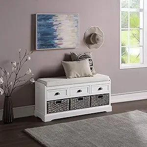 SOFTSEA Wood Storage Bench with 3 Drawers, 3 Rattan Baskets, Rattan Entryway Bench with Removable Cushion Home Organizer Bench(W