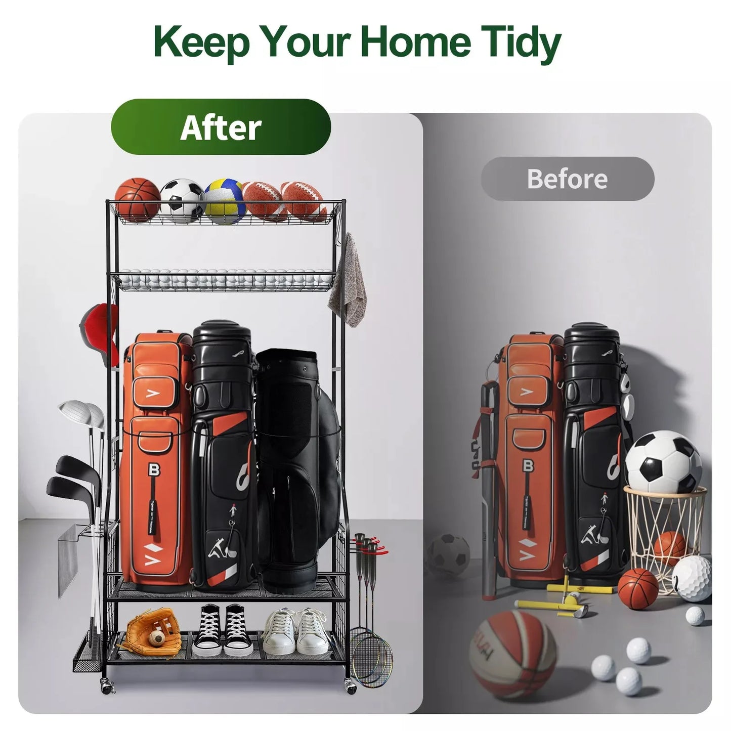 Golf Bag Storage Garage Organizer Fit for 3 Golf Bag Multifunction Home Storage Stand Holder for Sport Equipment organizers Rack