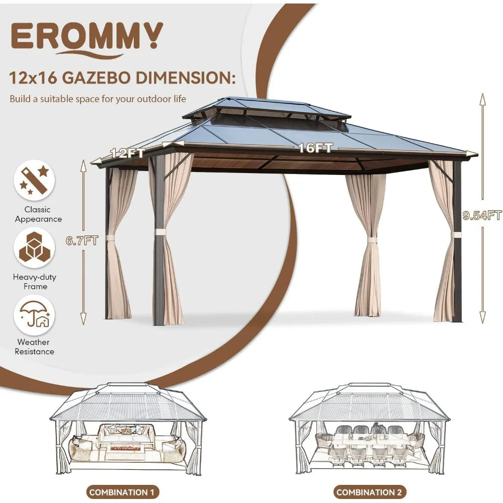 12'x16' Gazebo Polycarbonate Double Roof Pavilion Gazebo Outdoor Aluminum Frame Canopy with Netting and Curtains for Garden Pat