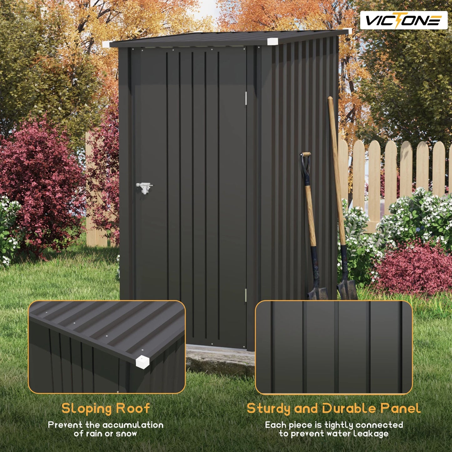 Victone 3' x 3' Compact Outdoor Storage Shed - Durable Small Garden Tool Storage with Sloping Roof, Single Lockable Door, Black