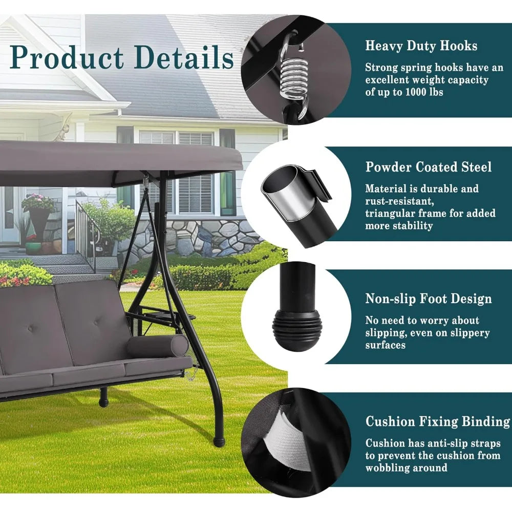 3-Seat Outdoor Patio Swings with Canopy Adjustable Porch Swing with Stand, Upgrade Pillows Cushions and Foldable Side Tray for