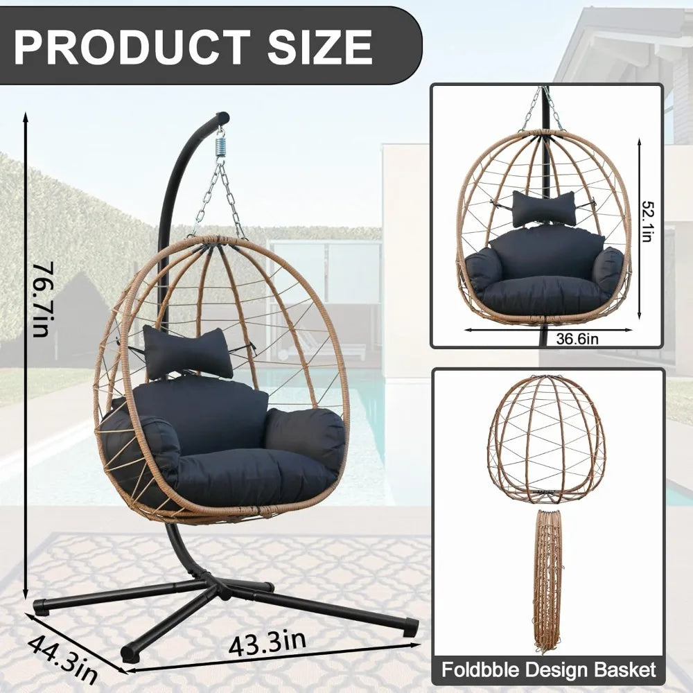 Egg Chair with Stand, Uv-Proof Pe Wicker Hanging Chair for Outdoor Patio, Cushioned Hammock Swing for Bedroom Garden Indoor/Outd