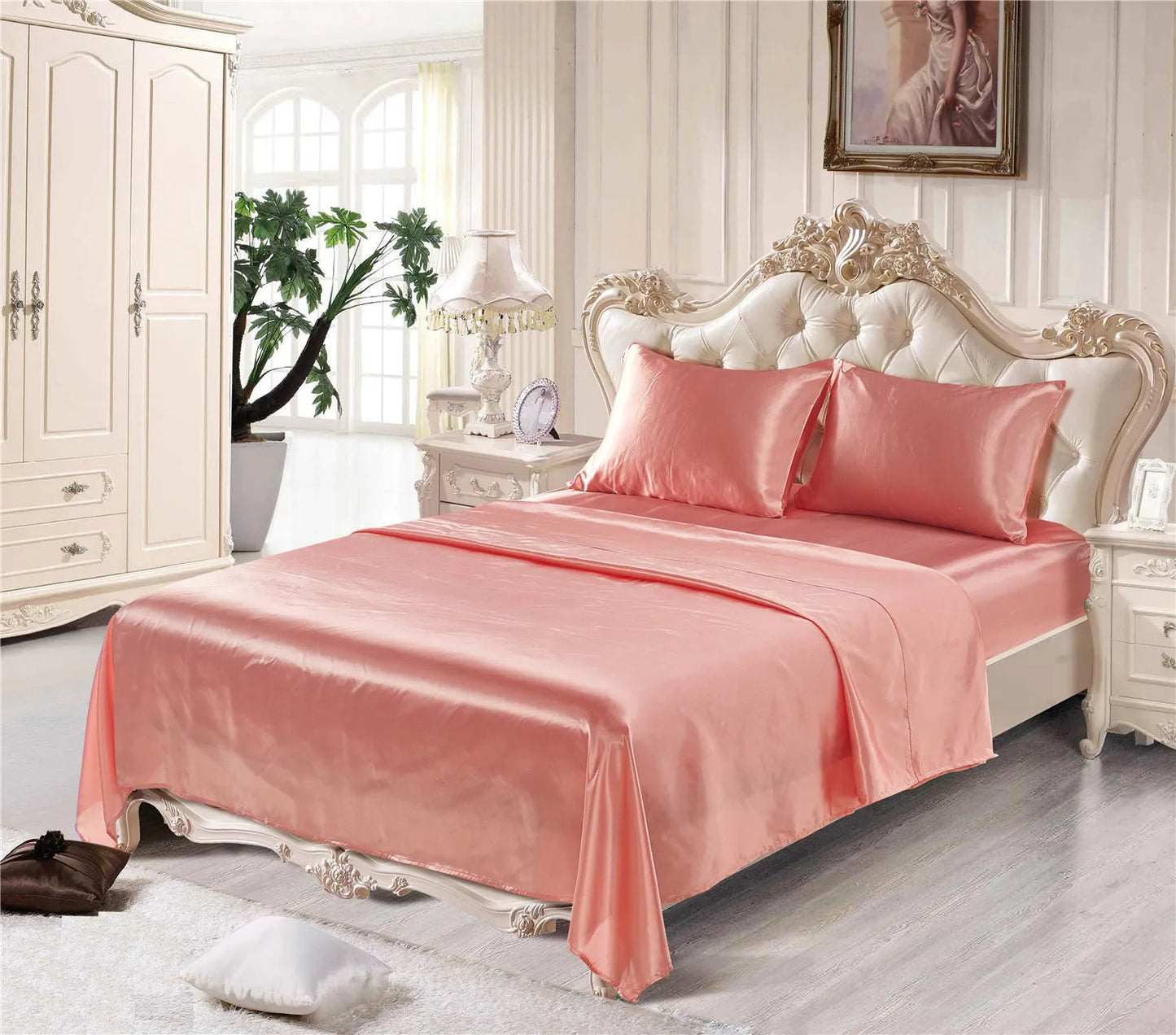 Home Living Luxury Smooth 3pcs Bedding Sets Solid Satin Pillow Case Flat Seet Fitted Sheet King Size Bedding Sets For Bedroom