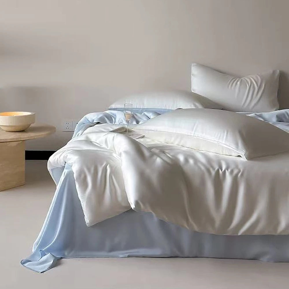 Lofuka Nature 100% Pure Silk Bedding Set Beauty Double Queen King White Blue Quilt Cover Flat Sheet Pillowcase For Healthy Sleep