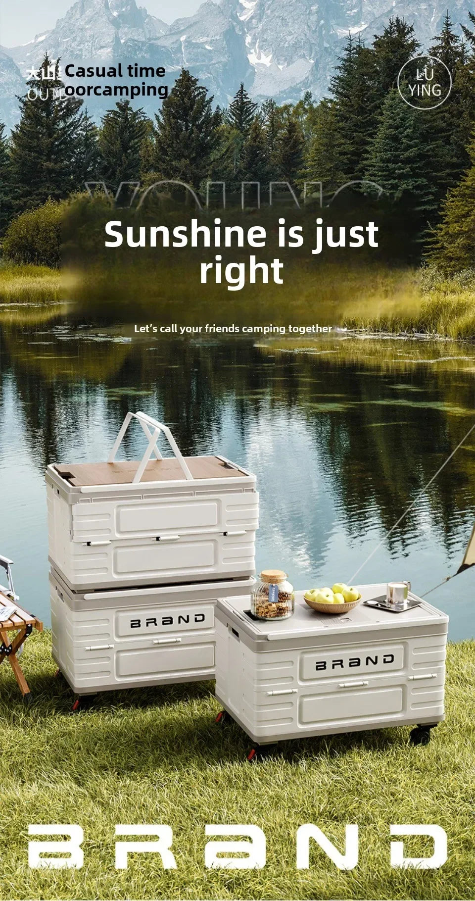 Camping Folding Box Outdoor Car Trunk Wooden Cover Camping Picnic Organizer Box Household Storage Storage Box with Wheels