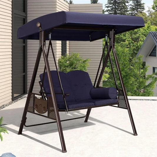 2 outdoor terrace porch swings, weather resistant steel frame, adjustable tilt canopy, including cushions and pillow swings