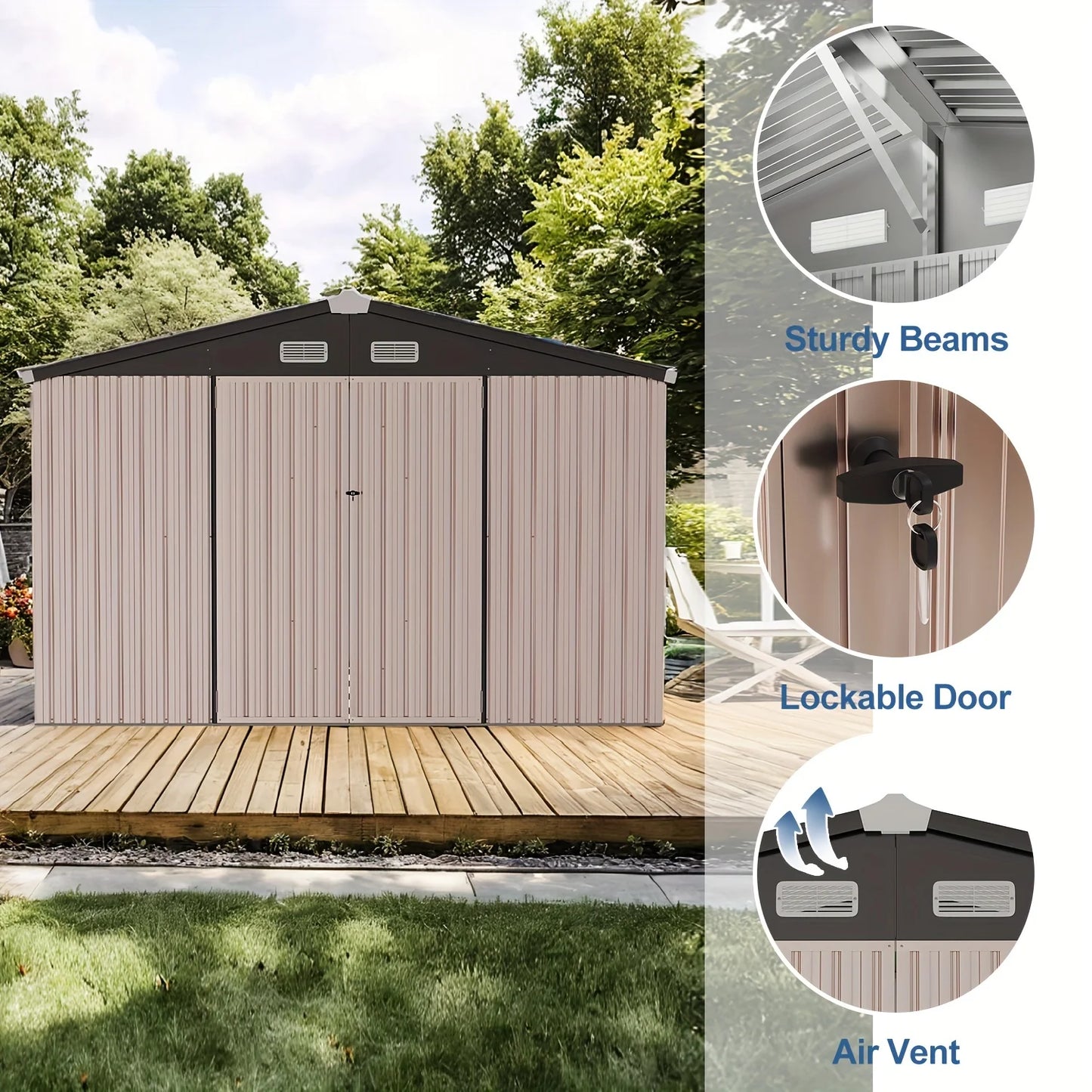 10x8 Ft Metal Outdoor Storage Shed with Air Vent and Lockable Door Waterproof Steel Garden Tool Storage Shed Kit