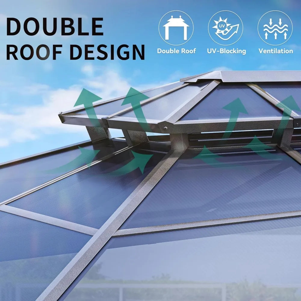 10x12FT Gazebo Hard-Top Double Roof Canopy Outdoor with Netting and Shaded Curtains, Aluminum Frame Polycarbonate Hardtop Garde