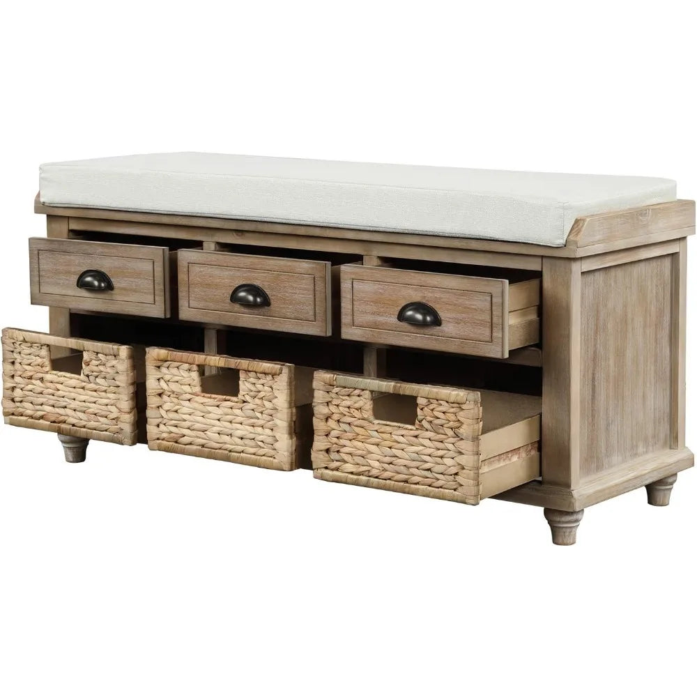 SOFTSEA Wood Storage Bench with 3 Drawers, 3 Rattan Baskets, Rattan Entryway Bench with Removable Cushion Home Organizer Bench(W