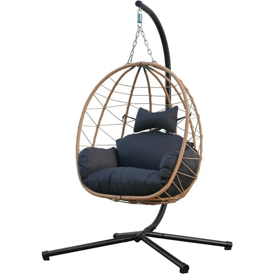 Egg Chair with Stand, Uv-Proof Pe Wicker Hanging Chair for Outdoor Patio, Cushioned Hammock Swing for Bedroom Garden Indoor/Outd