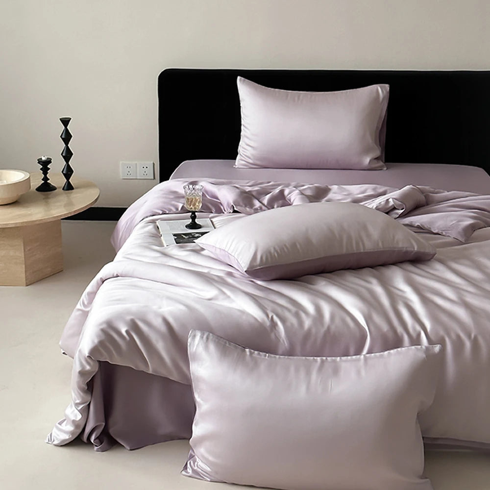 Lofuka Nature 100% Pure Silk Bedding Set Beauty Double Queen King White Blue Quilt Cover Flat Sheet Pillowcase For Healthy Sleep