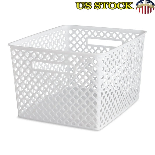 Large White Decorative Storage Basket with Cut-Out Handles Mesh Design Easy Transport and Organizing Toys Tools Pantry Supplies