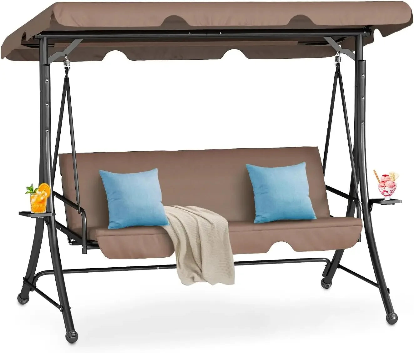 2-in-1 Outdoor Patio Swing 3-Seat Porch Swing with Adjustable Canopy and Removable Cushions, Perfect for Patio, Backyard,