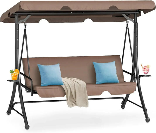 2-in-1 Outdoor Patio Swing 3-Seat Porch Swing with Adjustable Canopy and Removable Cushions, Perfect for Patio, Backyard,
