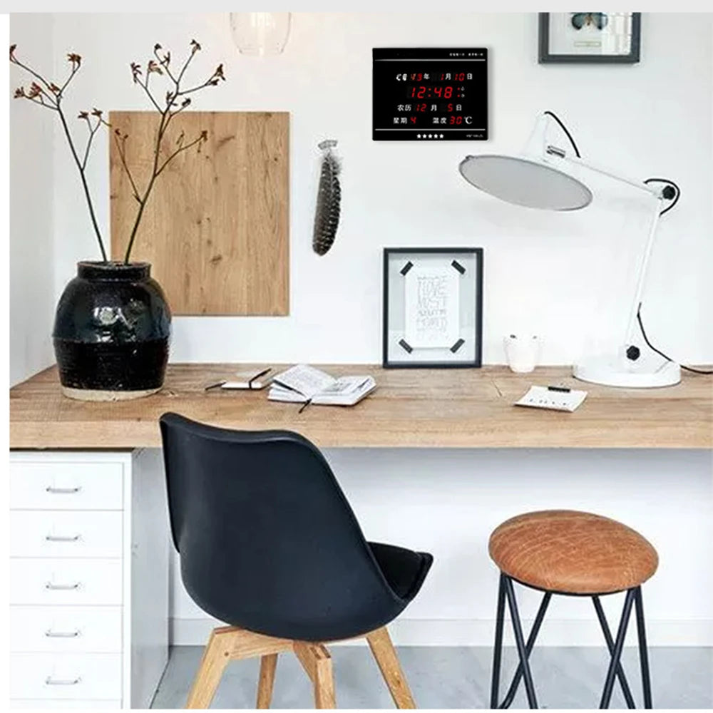 LED Perpetual Calendar Electronic Clock Digital Wall Clock Alarm Hourly Chiming Temperature Table Clocks Living Room Decoration