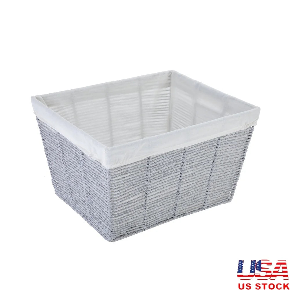 Medium Grey Twisted Paper Rope Storage Basket with Removable Liner Modern Design Cutout Handles Easy Clean Decorative Organizing