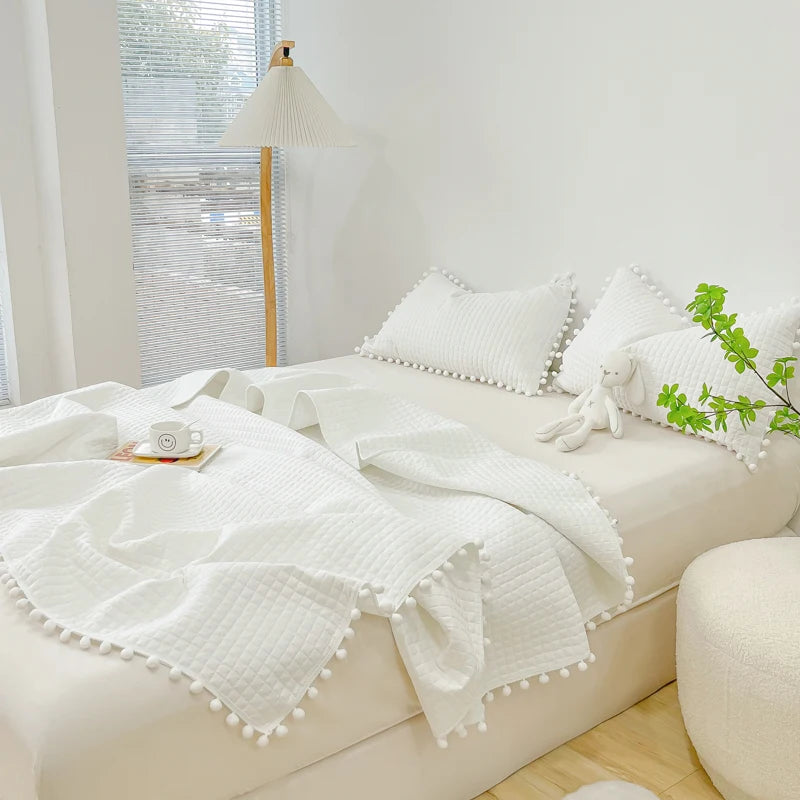 INS Style White Ball Edge Quilted Quilt Blanket Bedspread Washed Solid Color Korean Princess Style Summer Thin Quilt 1/3Pc