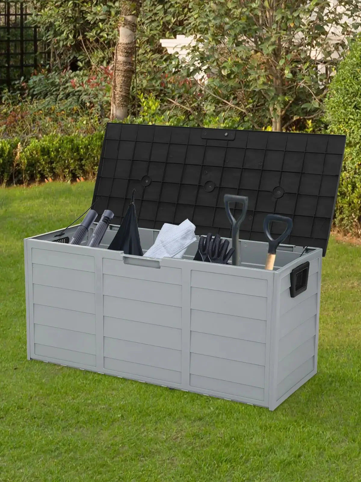 75gal 260L Outdoor Garden Plastic Storage Deck Box Chest Tools Cushions Toys Lockable Seat
