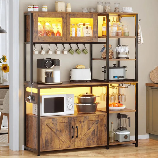 Bakers Rack with Power Outlet and LED Light, 45.3 Inch Farmhouse Coffee Bar Cabinet, Kitchen Microwave Stand with Storage
