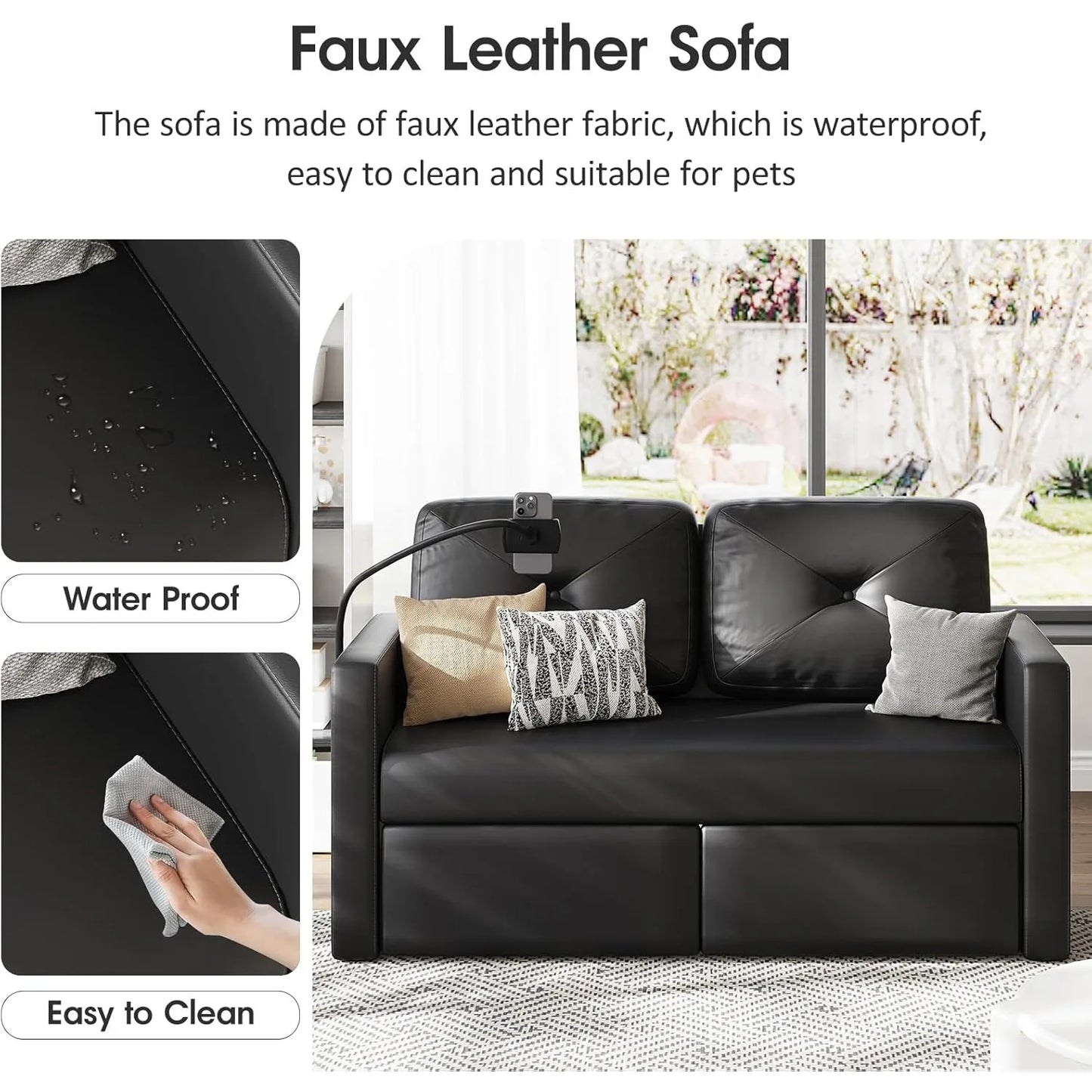 Vabches Leather Loveseat Sofa 2-Seater Sofa with Charging Ports&Storage Comfy Solid Wooden Frame Couches for Living Room Bedroom