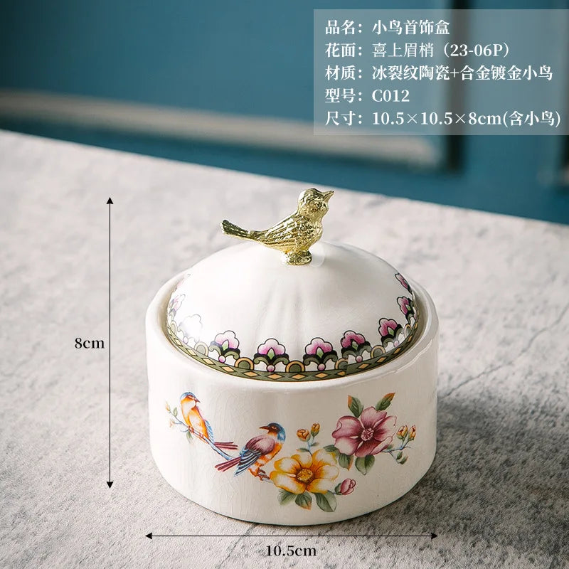 American retro ceramic bird jewelry jewelry storage box European ice cracked porcelain ornament