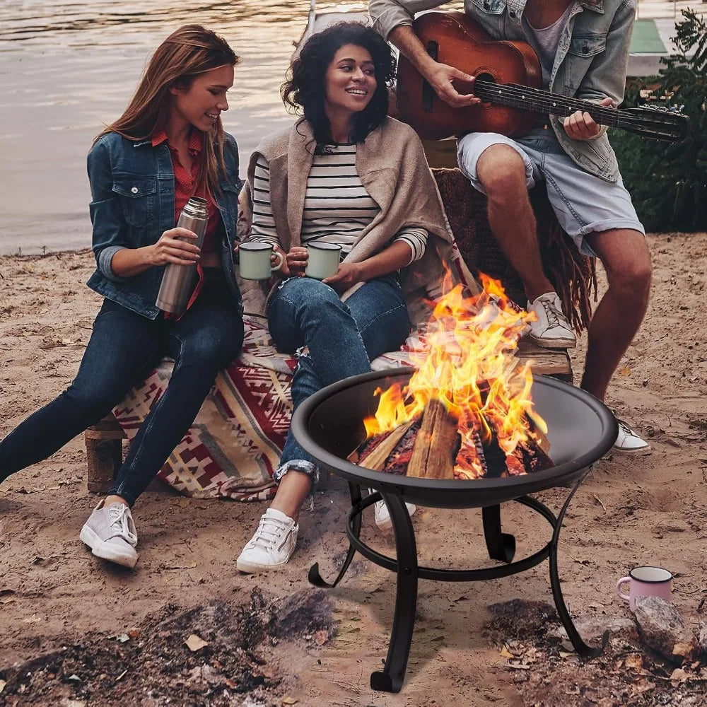 22 in Firepit for Outside Outdoor Small Fire Pit,Durable Firepit with Mesh Lid,Log Grate,and Fire Poker,Fire Pit for Outside Bac