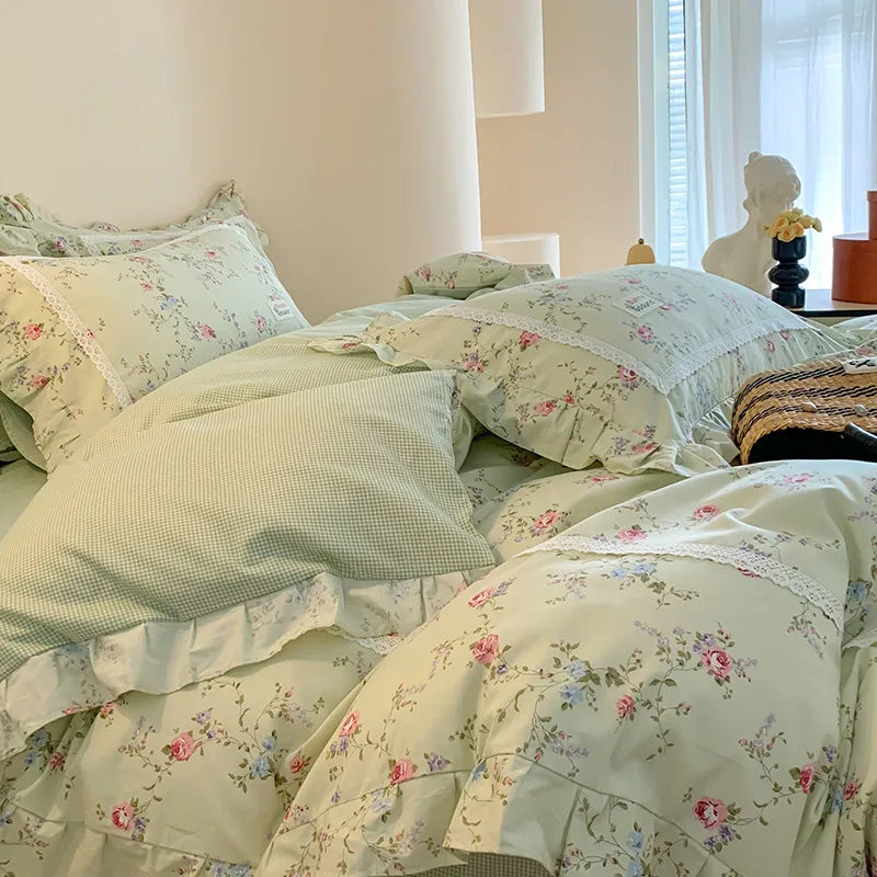 100% Cotton Spring Garden Flowers Botanical Chic Ruffles Soft Comfortable Double Queen (1Duvet Cover+1Bed Sheet+2Pillowcases)