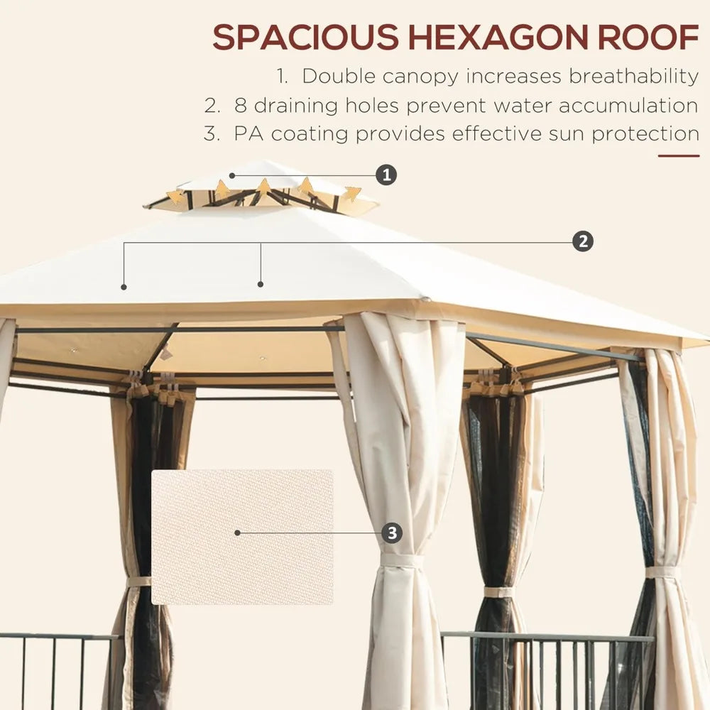 13' x 13' Patio Gazebo, Double Roof Hexagon Outdoor Gazebo Canopy Shelter with Netting & Curtains, Solid Steel Frame for Garden