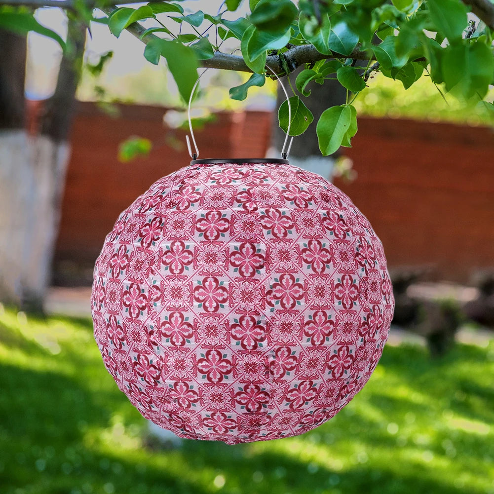 Chinese Round Hanging Lamp, Solar Printed Lantern, Waterproof Nylon LED Light, Outdoor Garden Party Decoration, 12"