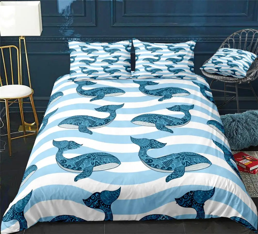 Ocean Duvet Cover Set Blue Whale Bedding Set Sea Animal Bed Linen Striped Beds Set Kids Teens Home Textile Microfiber Bedclothes